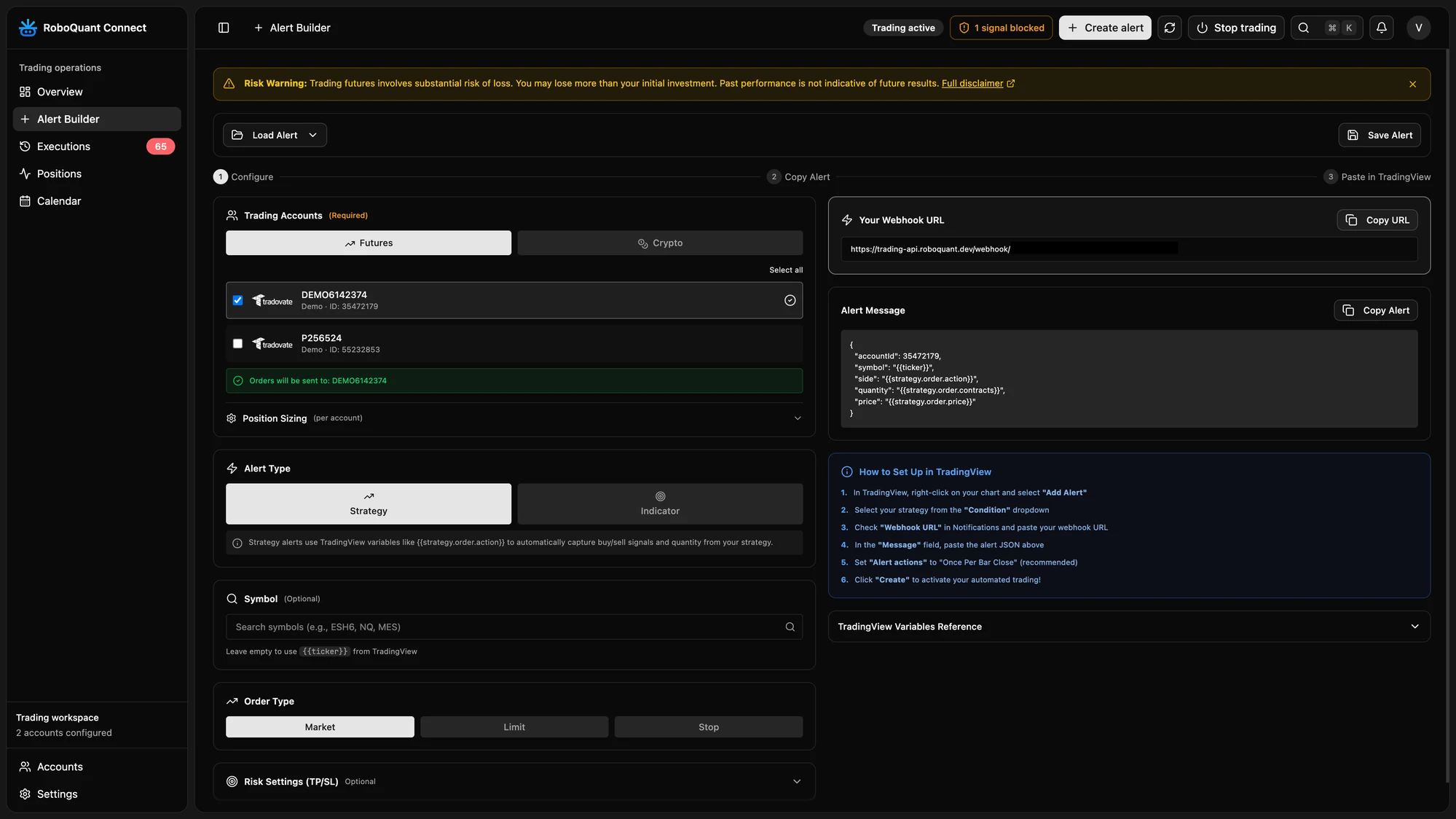 RoboQuant Connect alert builder