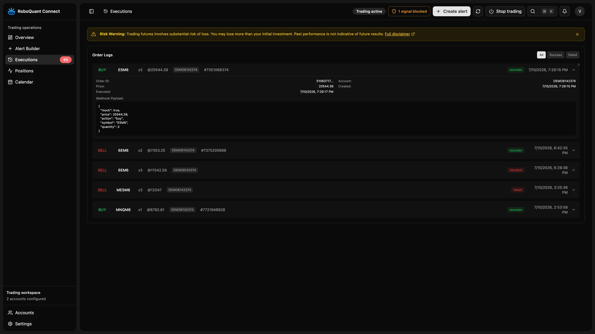 RoboQuant Connect execution logs